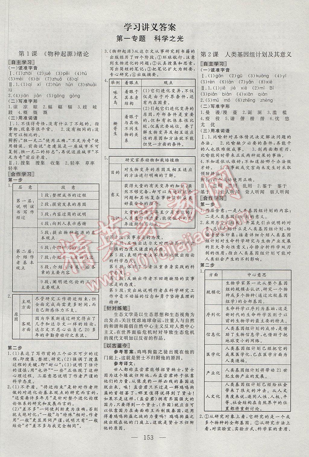 三維設(shè)計(jì)高中新課標(biāo)同步課堂語文必修5蘇教版 參考答案第1頁