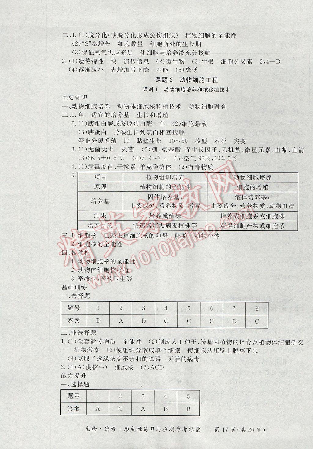 新課標(biāo)形成性練習(xí)與檢測生物選修 參考答案第17頁