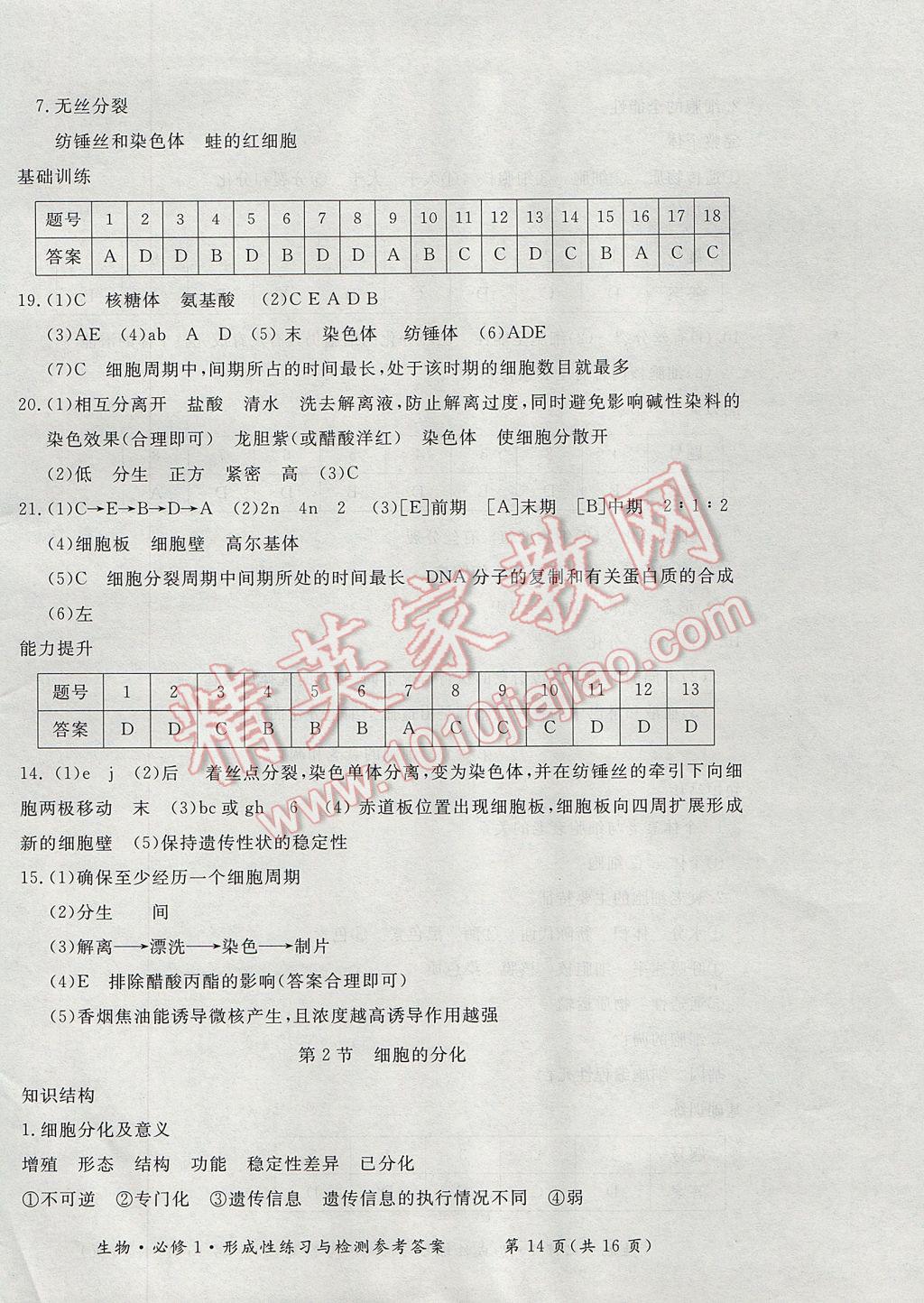 新課標形成性練習與檢測生物必修1 參考答案第14頁