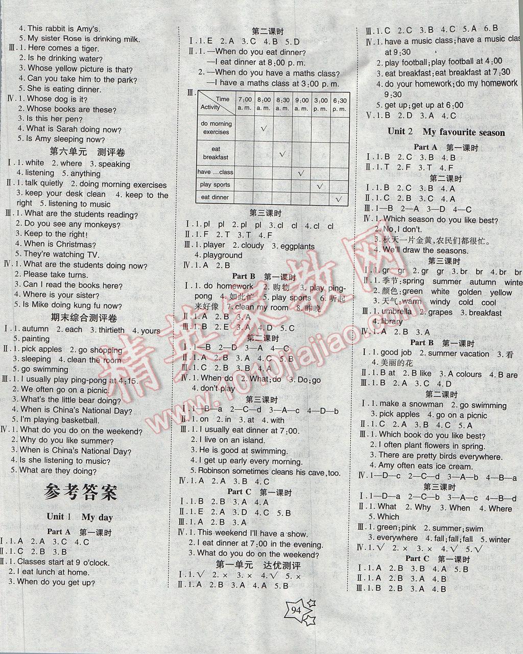 2017年整合集訓(xùn)小學(xué)天天練五年級(jí)英語下冊(cè)人教PEP版 參考答案第2頁