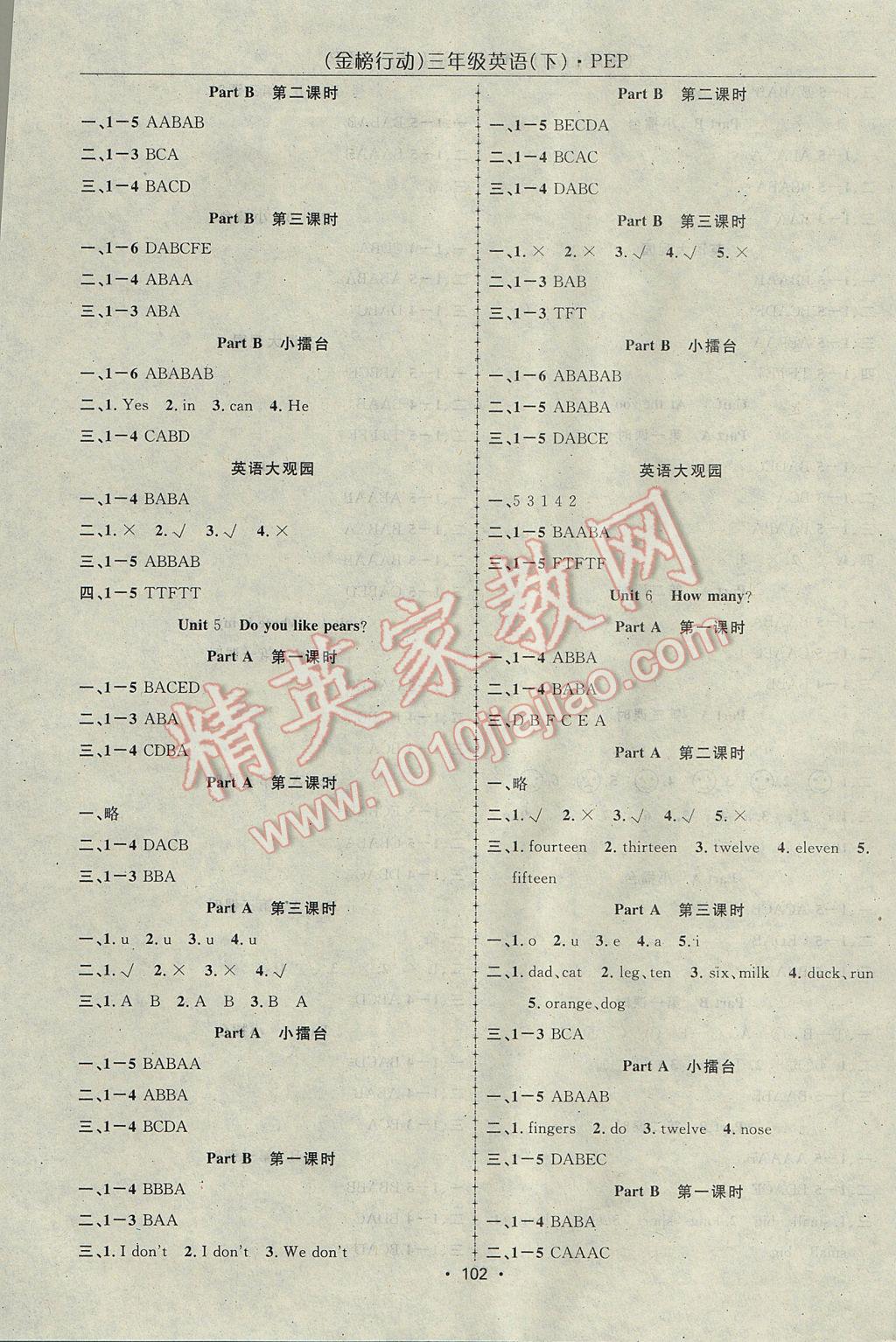 2017年金榜行動高效課堂助教型教輔三年級英語下冊人教PEP版 參考答案第3頁