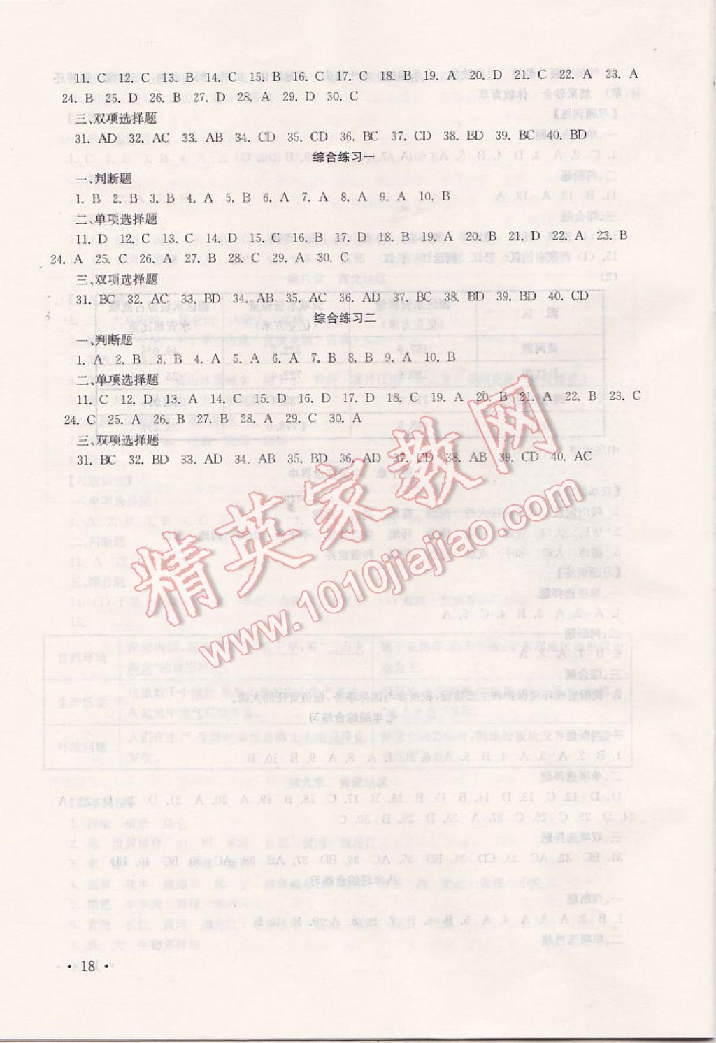 2017年南京市中考指導(dǎo)書生物地理 參考答案第18頁