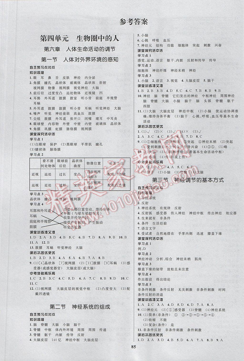 2017年天梯学案初中同步新课堂七年级生物下册 参考答案第1页