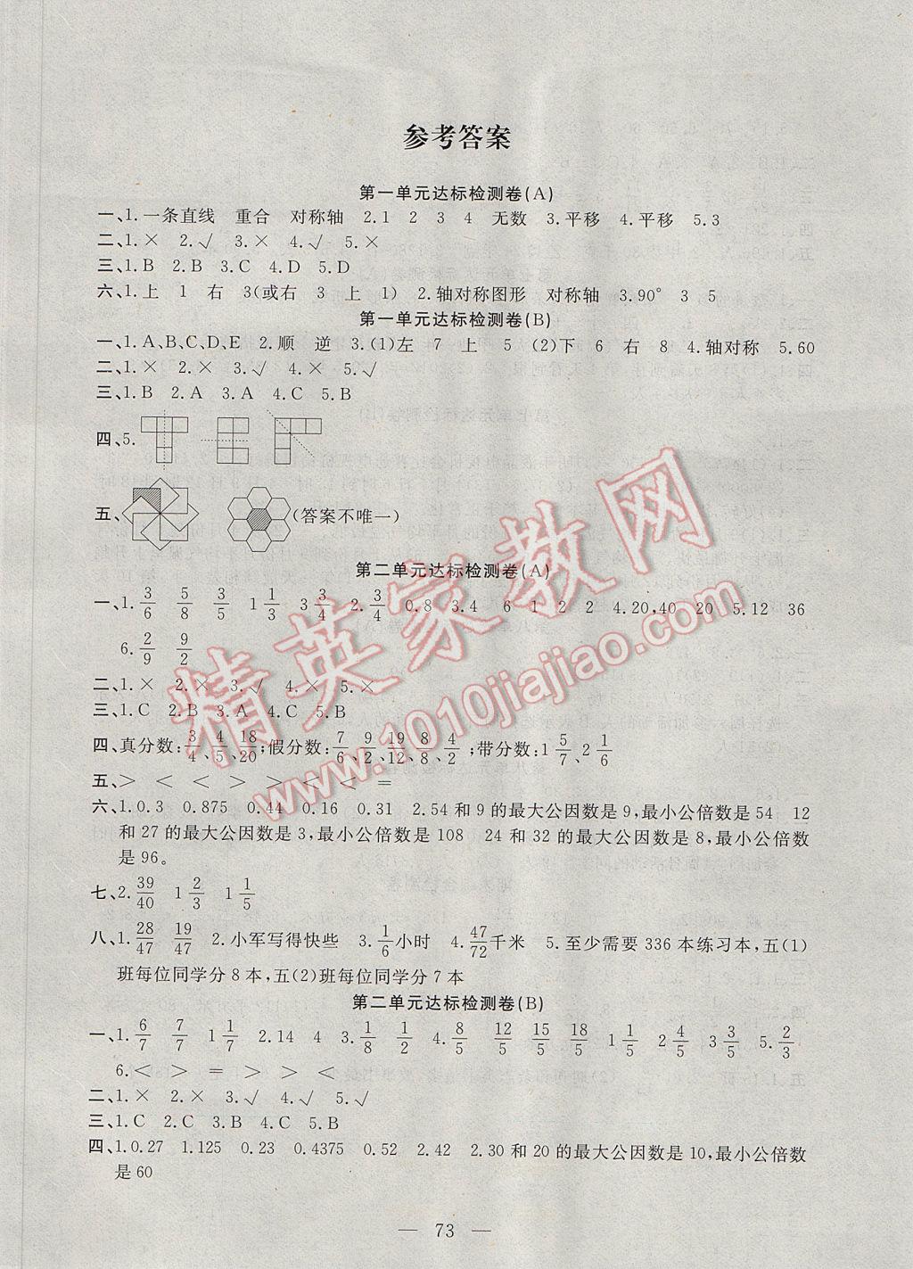 2017年小學(xué)素質(zhì)強(qiáng)化訓(xùn)練AB卷五年級(jí)數(shù)學(xué)下冊(cè)冀教版 參考答案第1頁(yè)