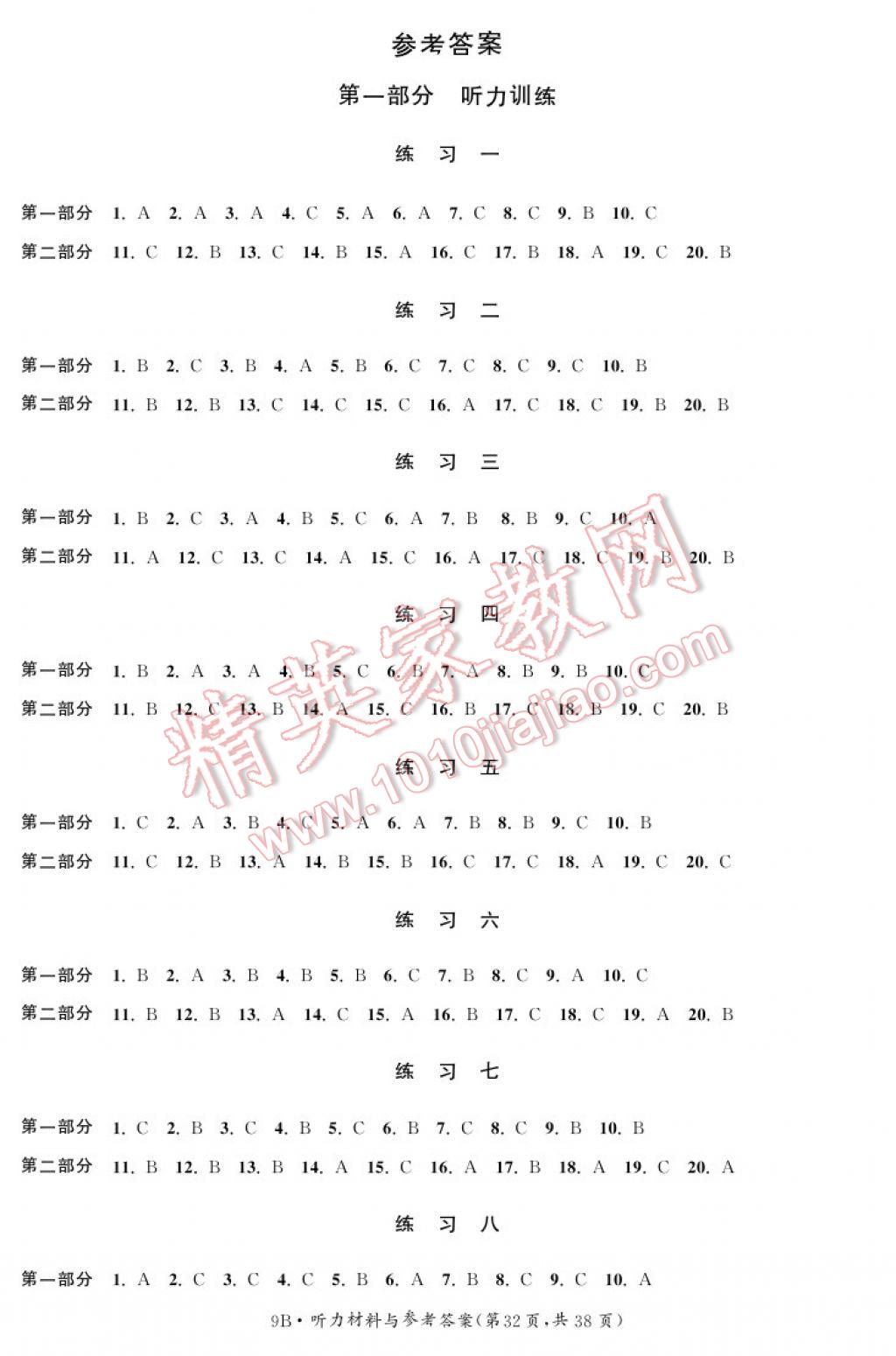 2017年初中英語(yǔ)聽力與閱讀九年級(jí)下冊(cè)9B 參考答案第32頁(yè)