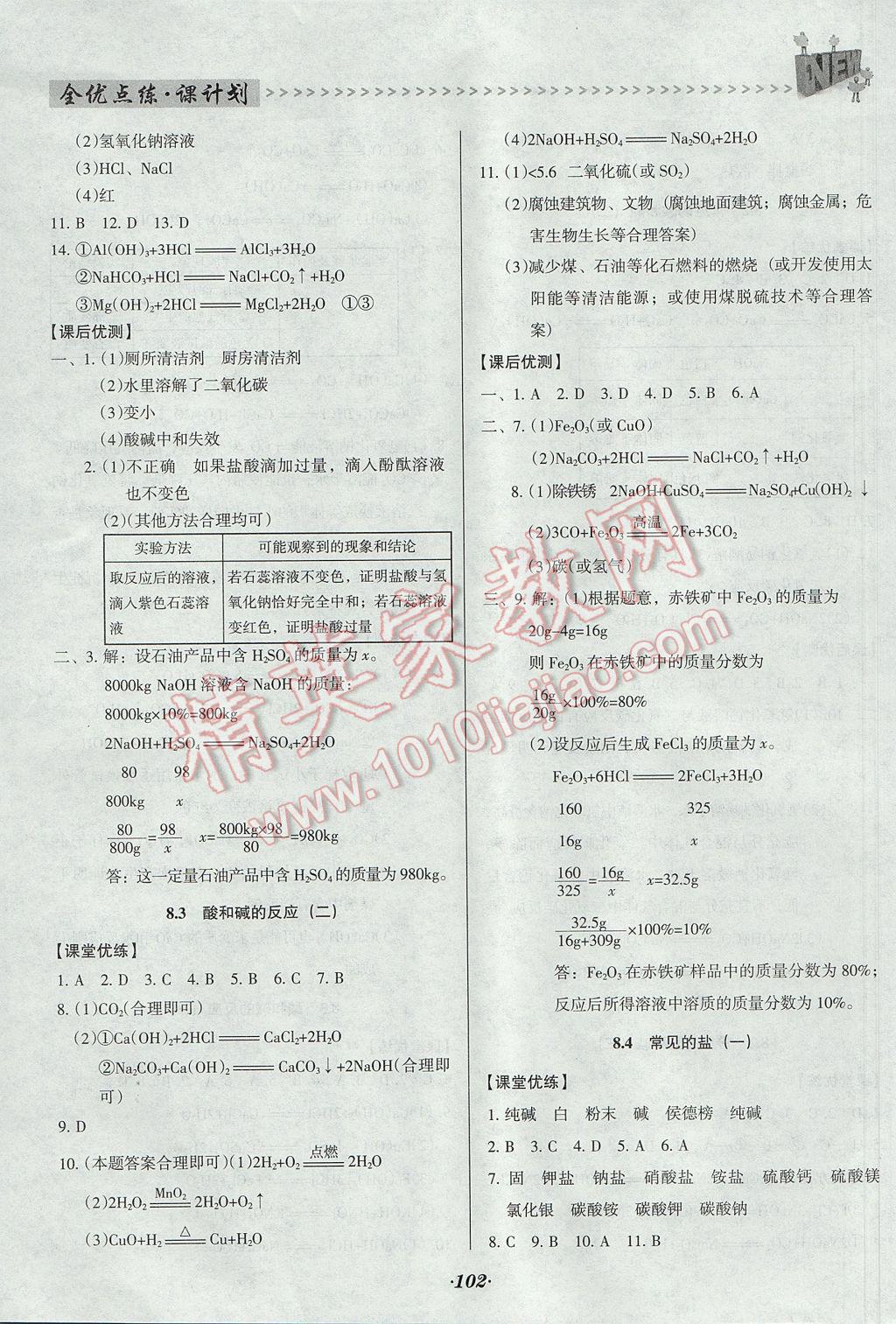 2017年全優(yōu)點練課計劃九年級化學下冊科粵版 參考答案第9頁