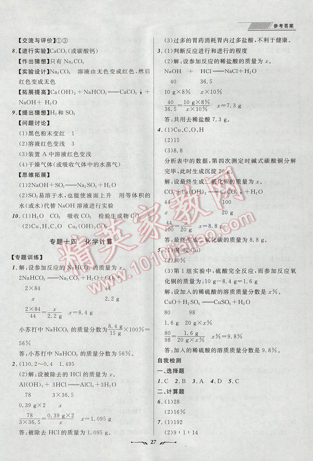 2017年中考全程復(fù)習(xí)訓(xùn)練化學(xué)丹東專版 參考答案第27頁