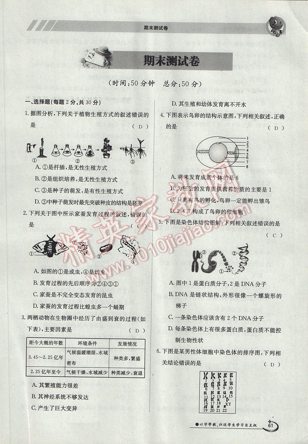 2017年金太阳导学案八年级生物下册 第八单元第61页