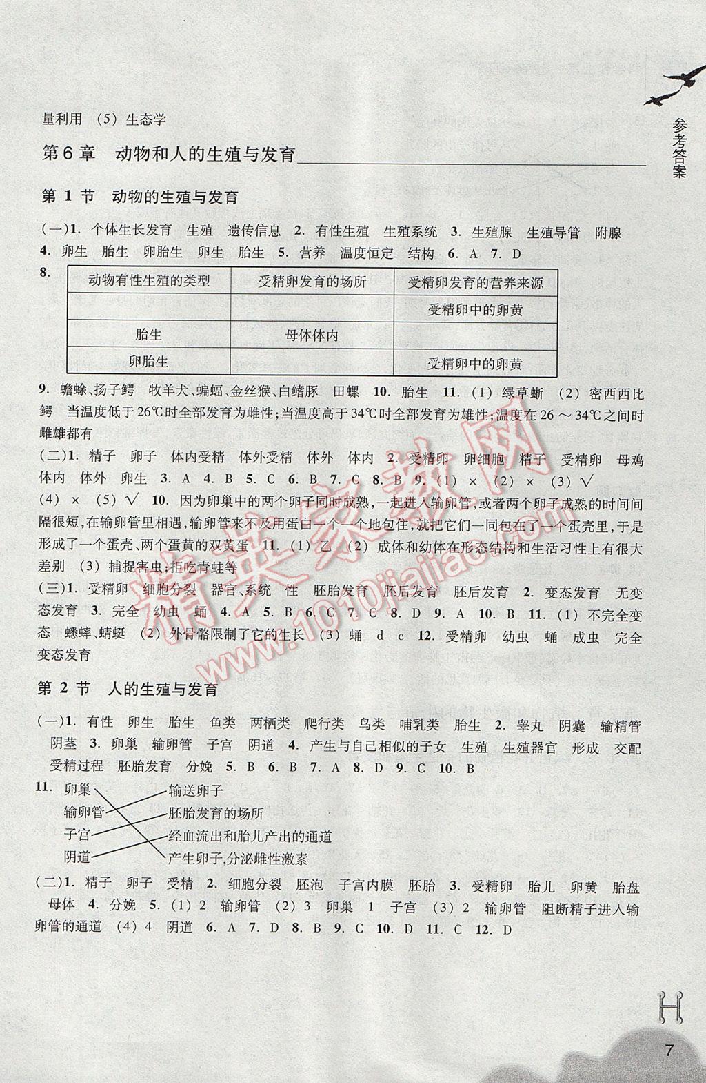 2017年作業(yè)本七年級科學(xué)下冊華師大版浙江教育出版社 參考答案第7頁