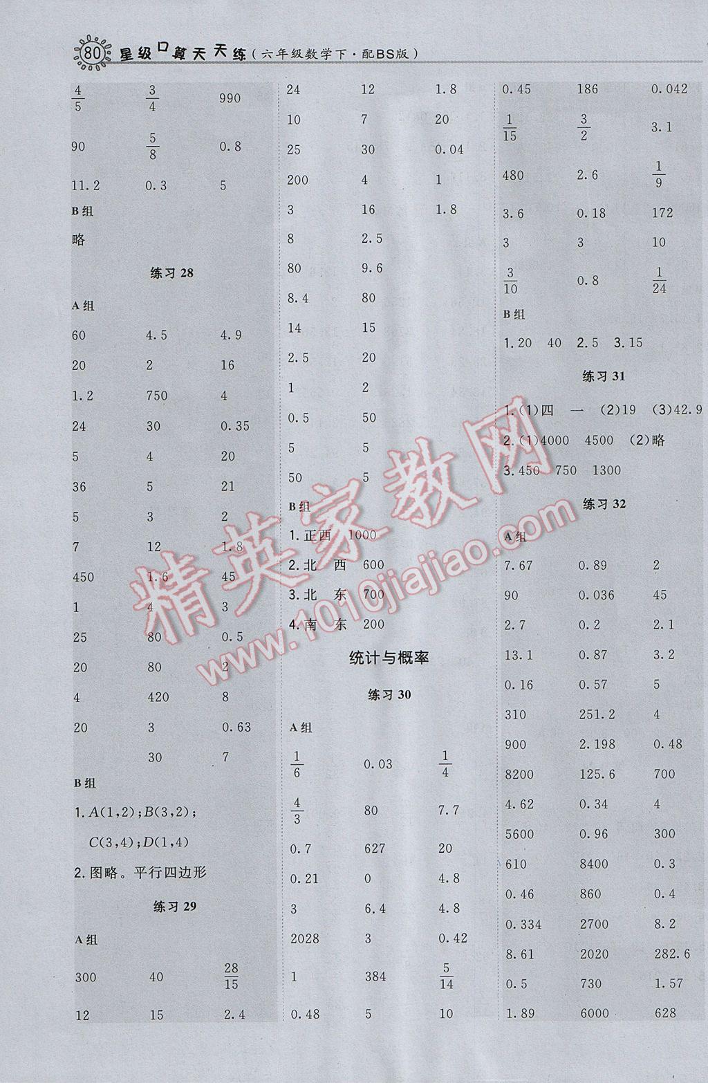 2017年星級口算天天練六年級數(shù)學(xué)下冊北師大版 參考答案第14頁