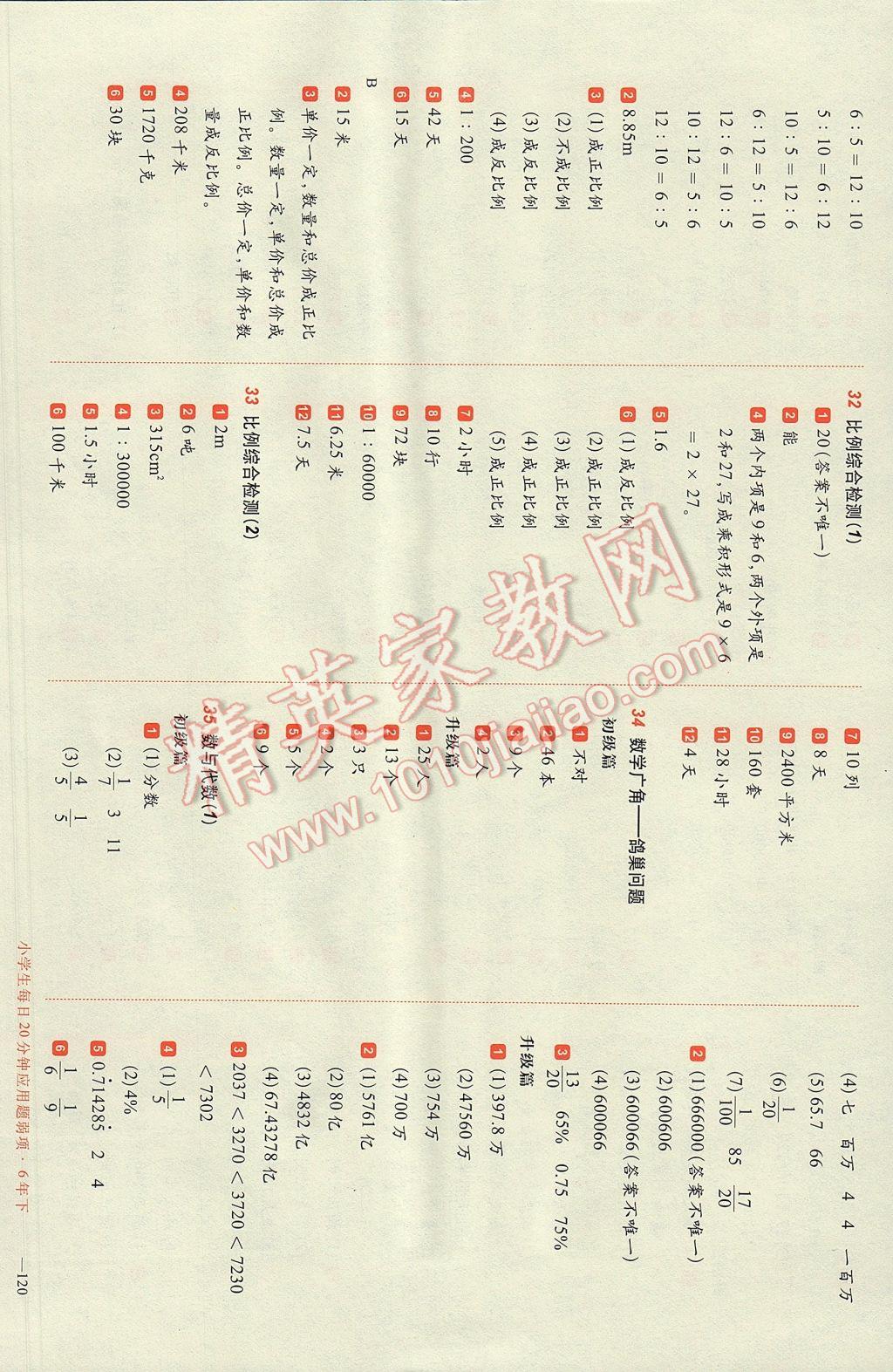 2017年小学生每日20分钟应用题弱项六年级下册 参考答案第6页