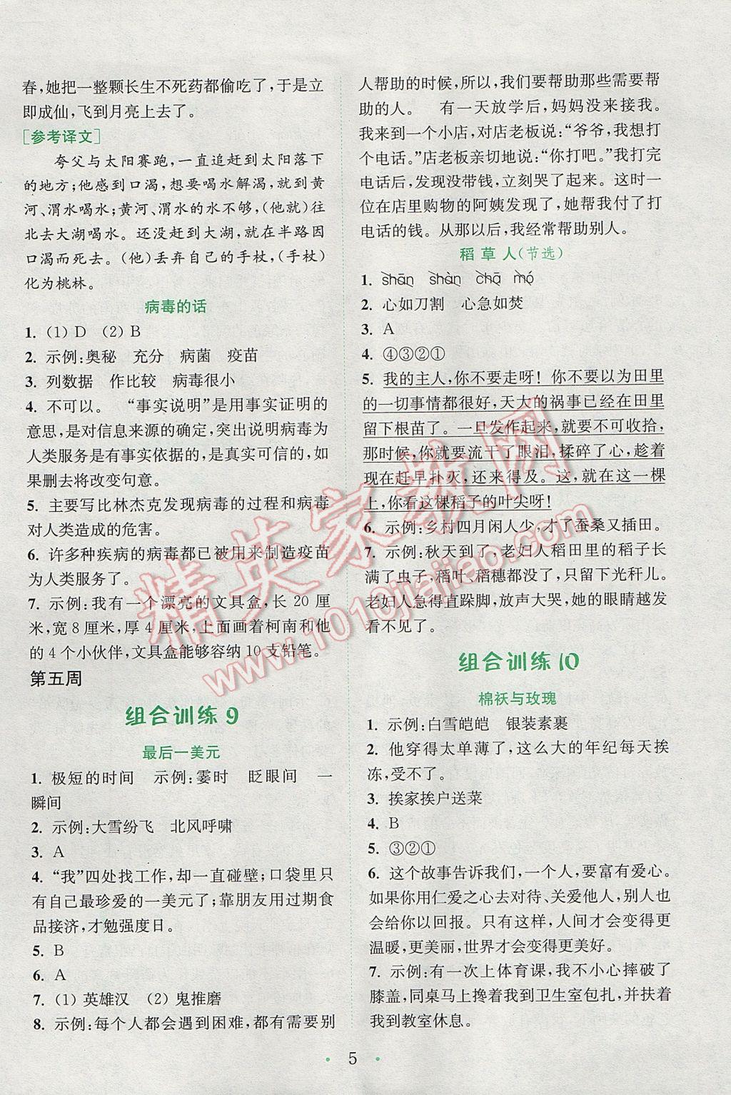 2017年通城學(xué)典小學(xué)語文閱讀與寫作組合訓(xùn)練六年級下冊通用版 參考答案第5頁