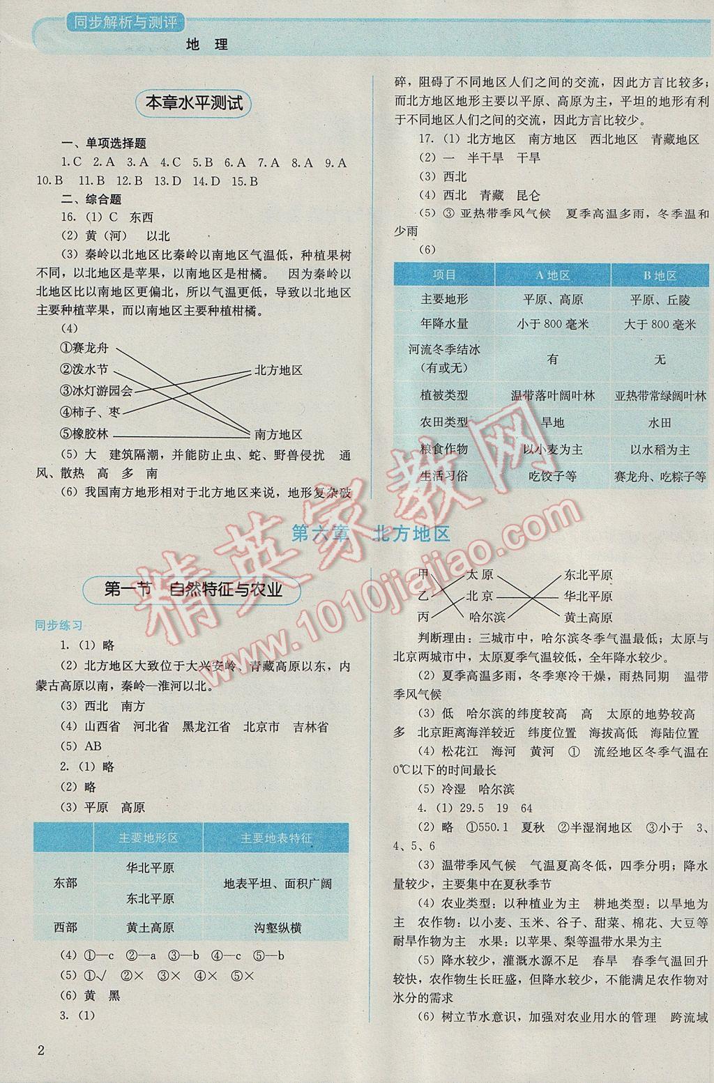 2017年人教金学典同步解析与测评八年级地理下册人教版山西专用 参考答案第2页