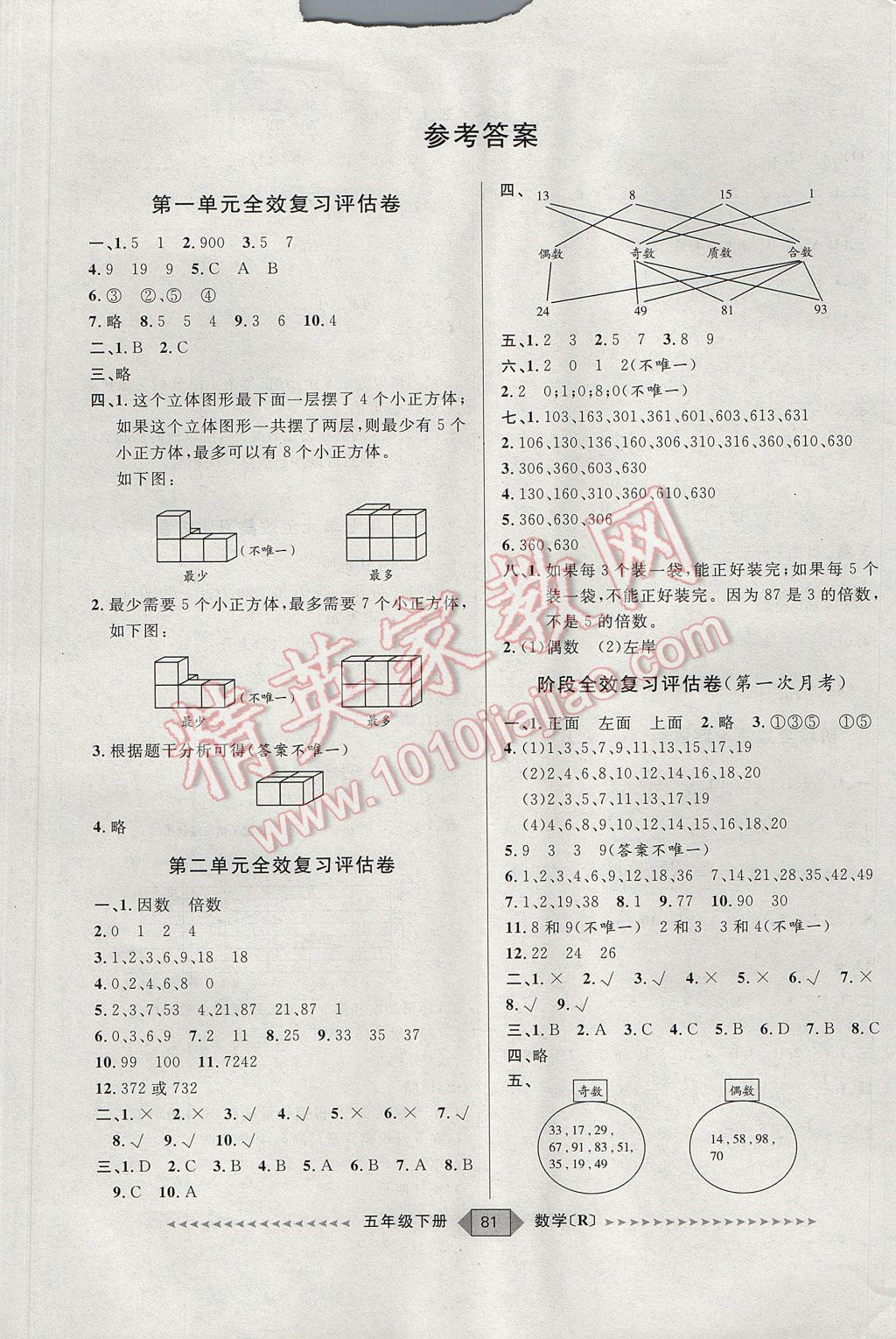 2017年阳光计划第二步五年级数学下册人教版 参考答案第1页