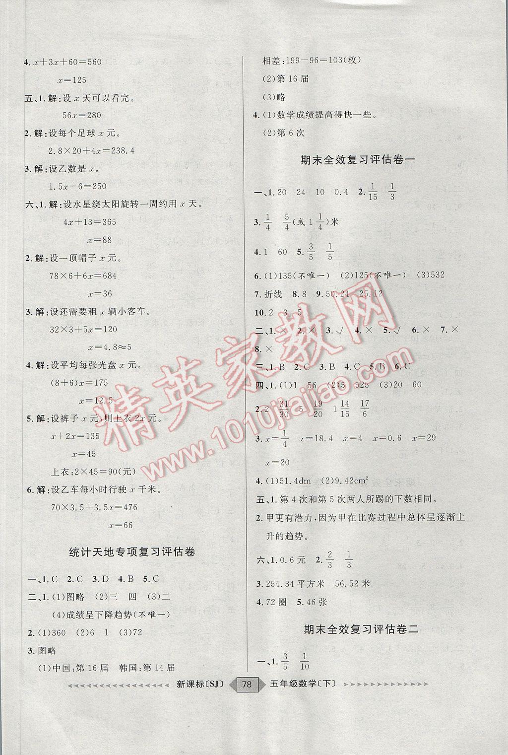 2017年阳光计划第二步五年级数学下册苏教版 参考答案第6页