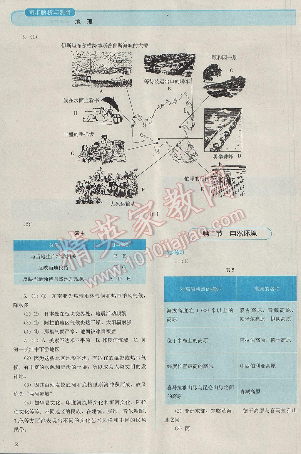 2017年人教金学典同步解析与测评七年级地理下册人教版山西专用 参考答案第2页