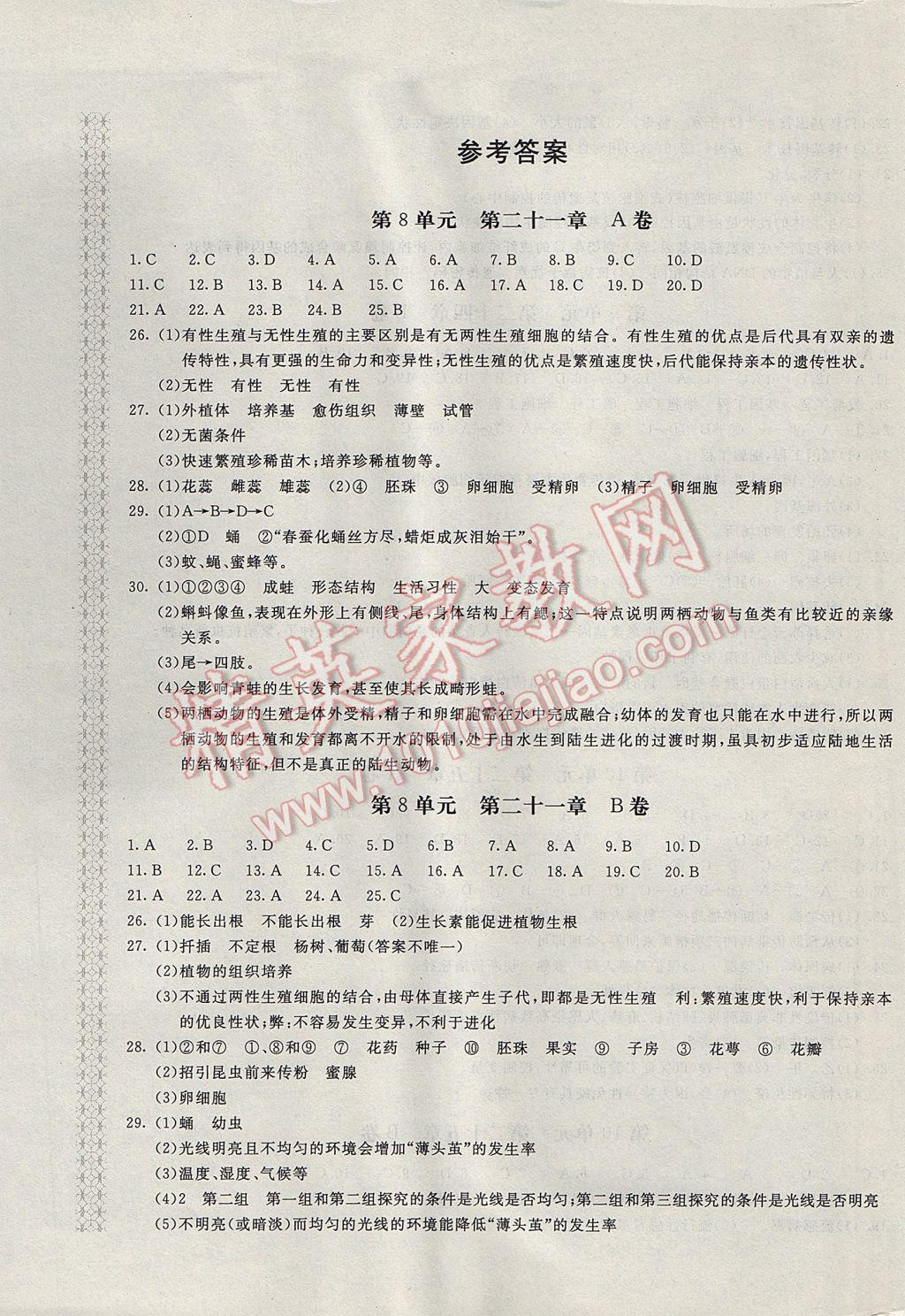 2017年新课堂AB卷八年级生物学下册江苏版 参考答案第1页