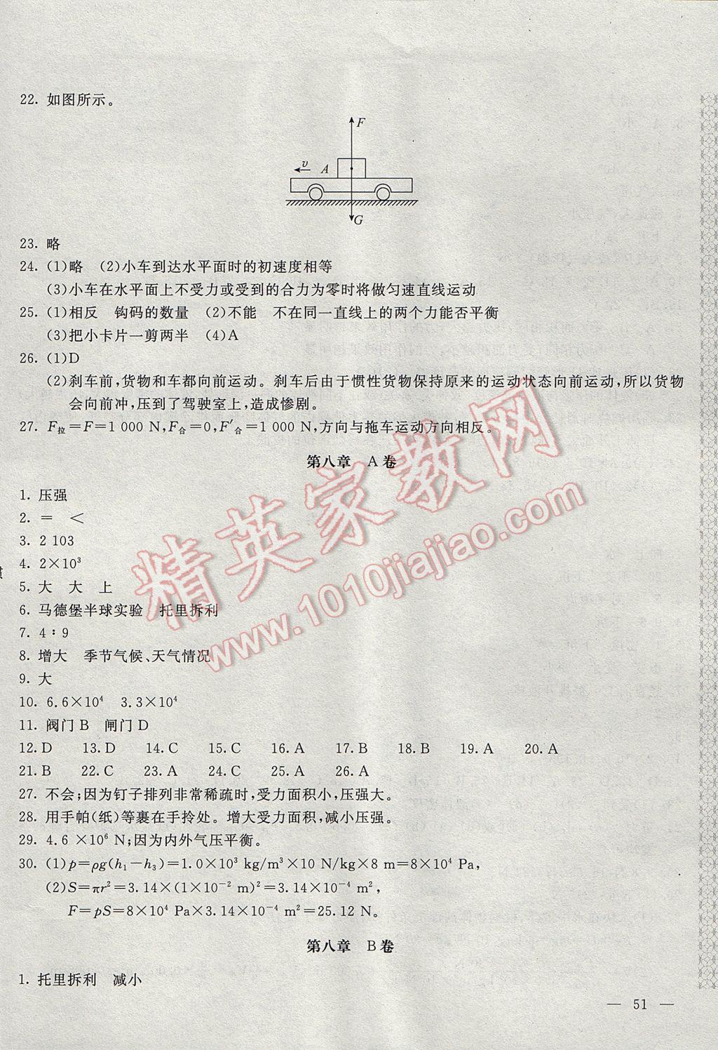 2017年新课堂AB卷八年级物理下册沪科版 参考答案第2页