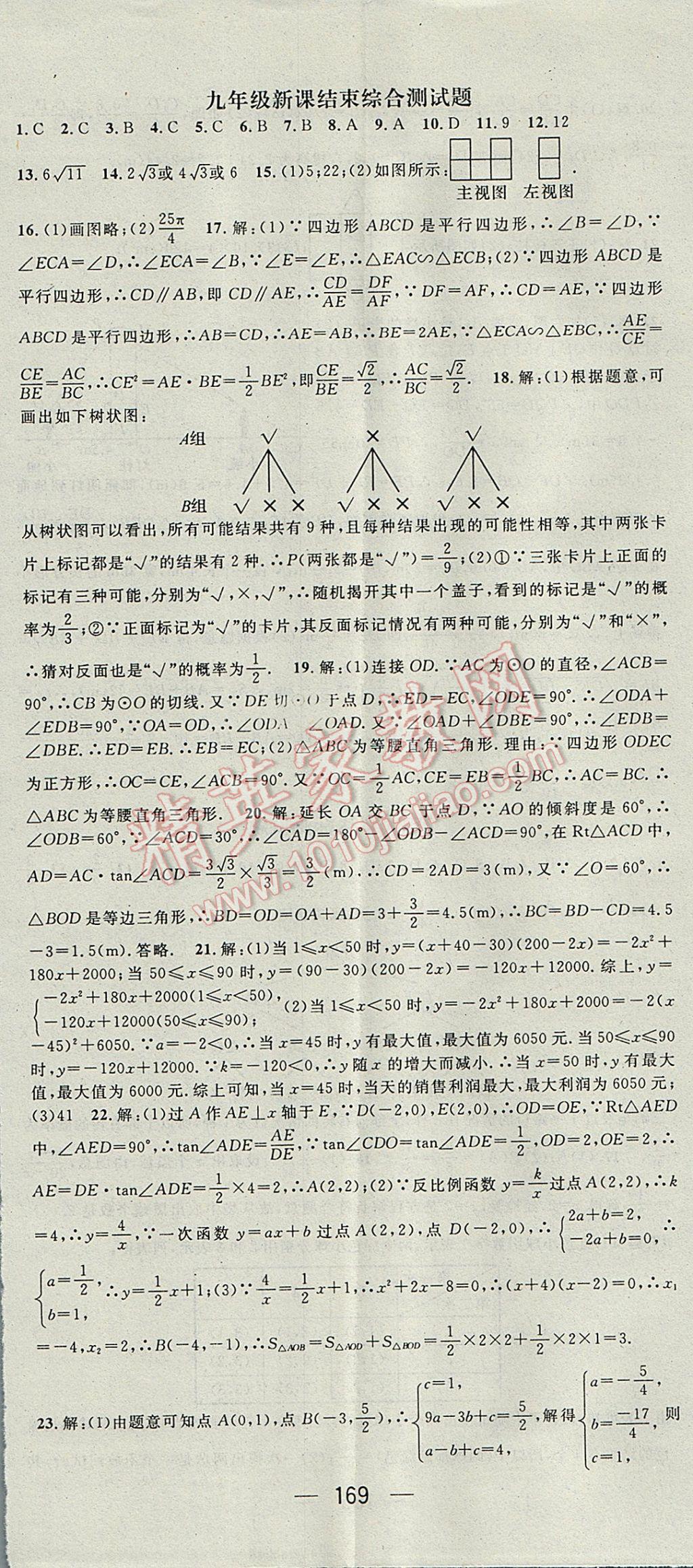 2017年精英新课堂九年级数学下册沪科版 参考答案第29页