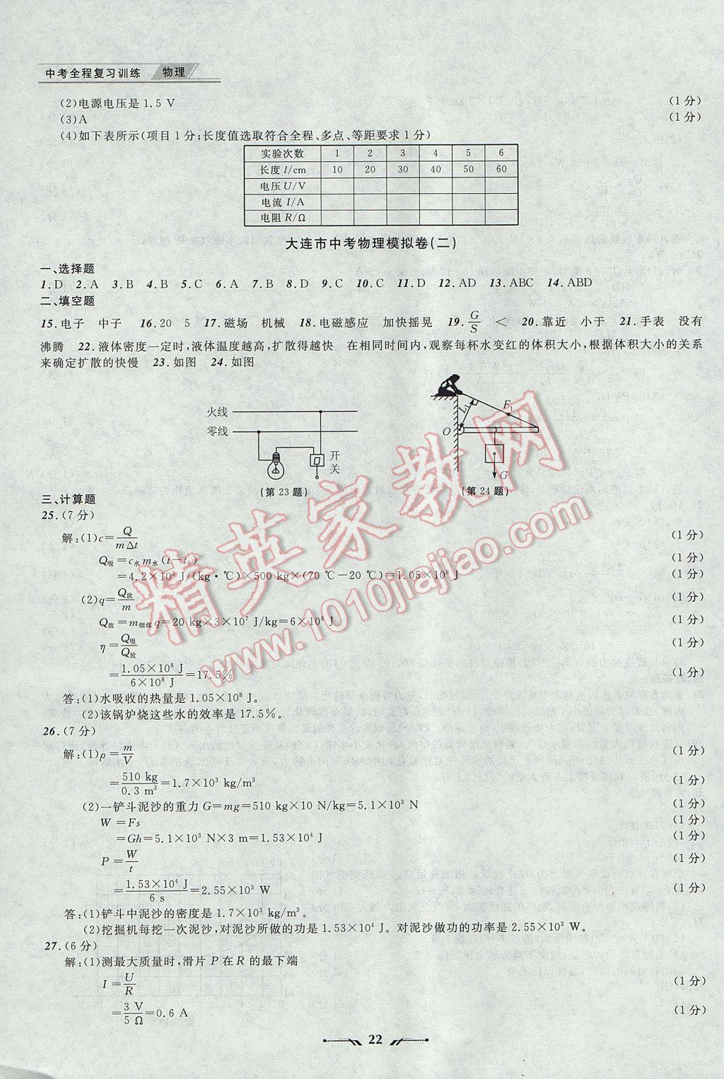 2017年中考全程復(fù)習(xí)訓(xùn)練物理大連專版 參考答案第22頁