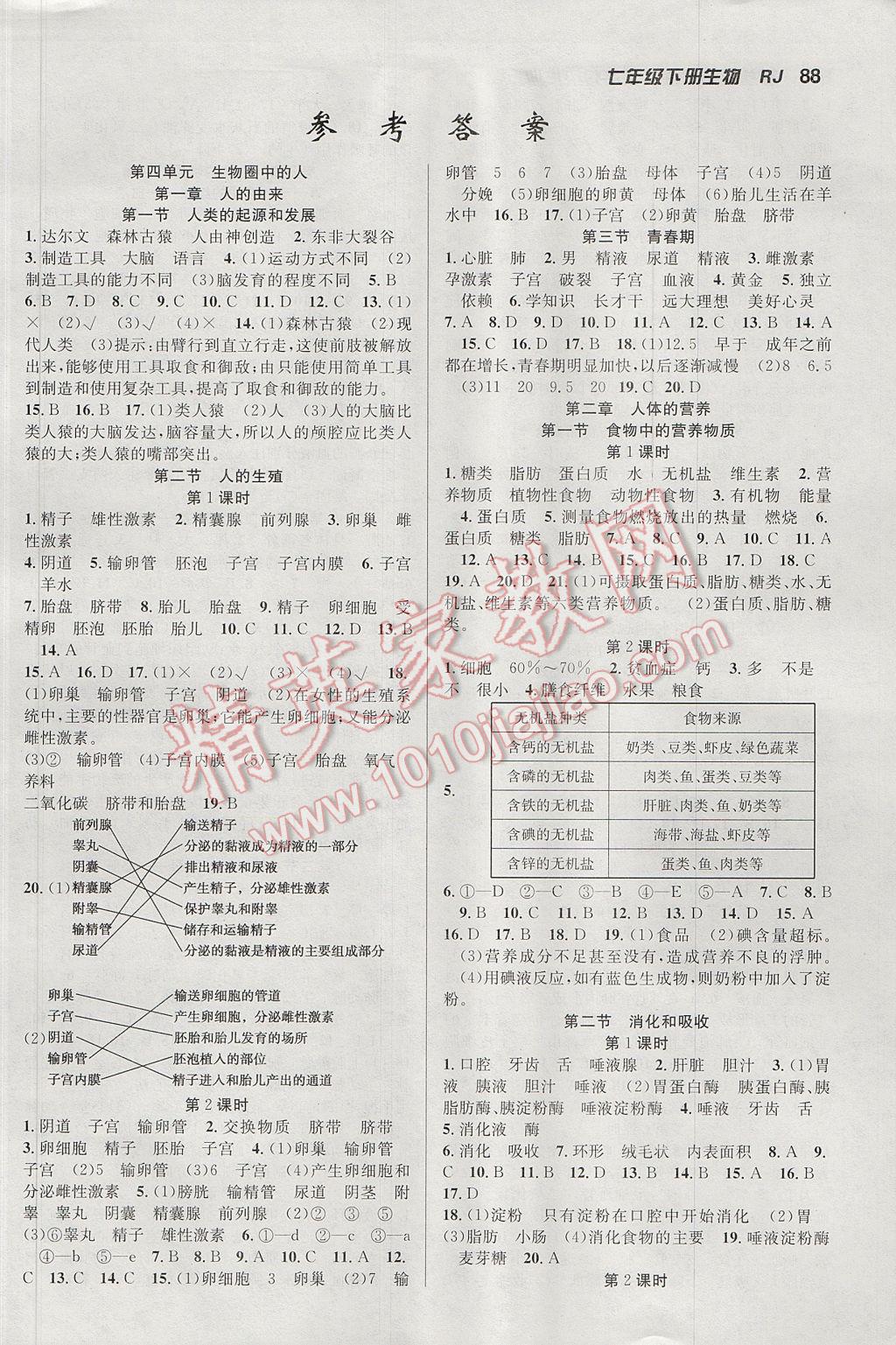 2017年课时夺冠七年级生物下册人教版 参考答案第1页