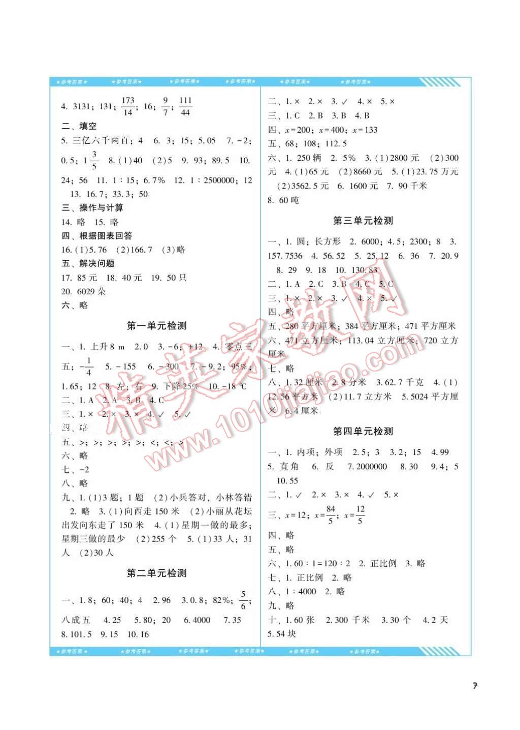 2017年課程基礎(chǔ)訓(xùn)練六年級(jí)數(shù)學(xué)下冊(cè)人教版湖南少年兒童出版社 參考答案第7頁(yè)