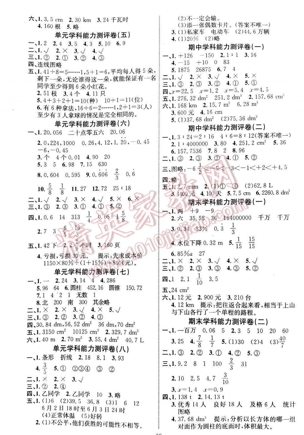 2017年能力培养与测试六年级数学下册人教版河北专版 参考答案第8页