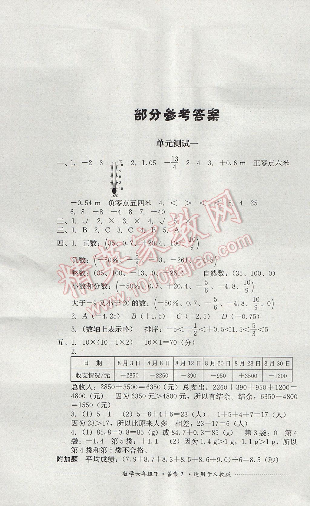 2017年单元测试六年级数学下册人教版四川教育出版社 参考答案第1页