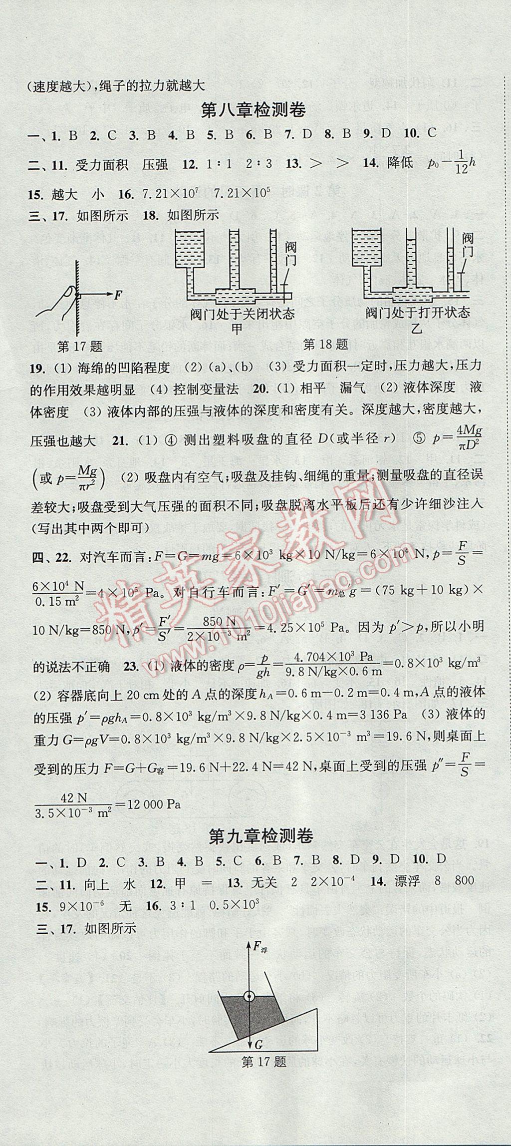 2017年通城学典活页检测八年级物理下册沪科版 参考答案第10页