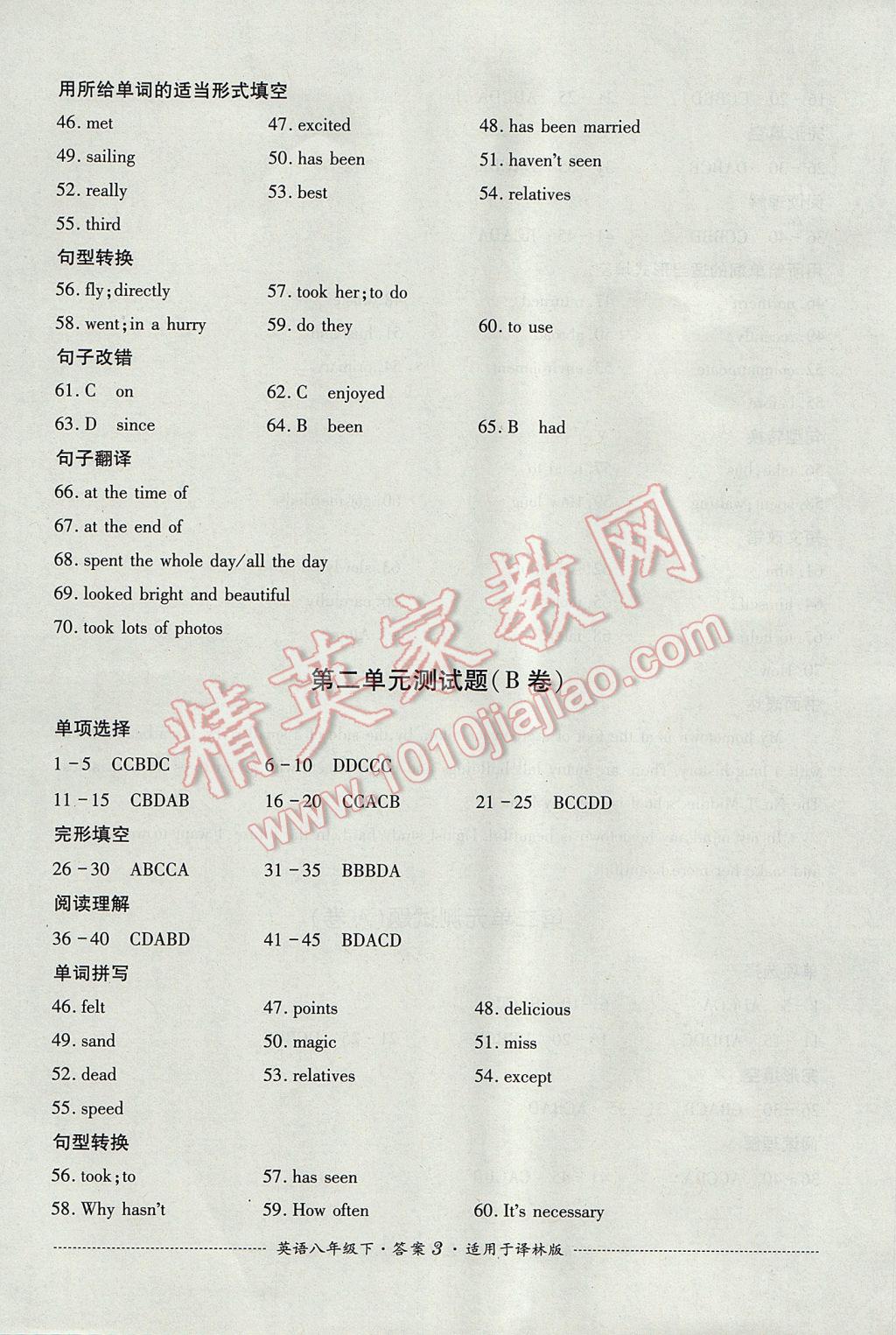 2017年單元測(cè)試八年級(jí)英語(yǔ)下冊(cè)譯林版四川教育出版社 參考答案第3頁(yè)