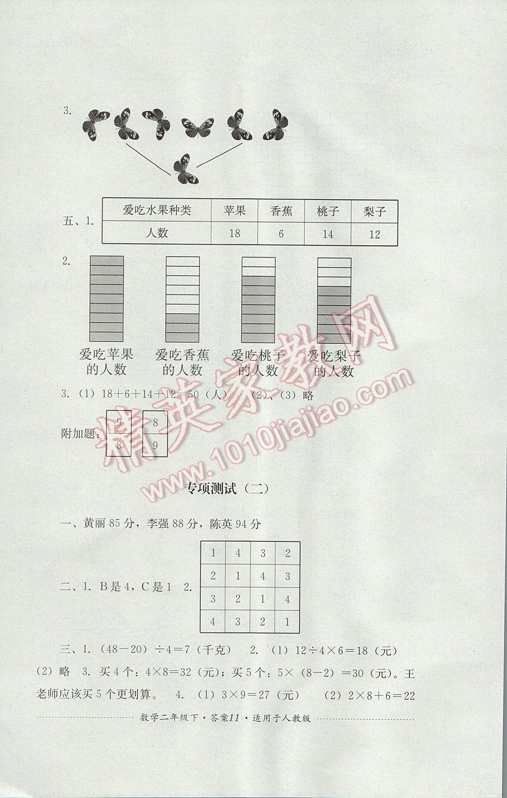 2017年單元測試二年級數(shù)學(xué)下冊人教版四川教育出版社 參考答案第11頁