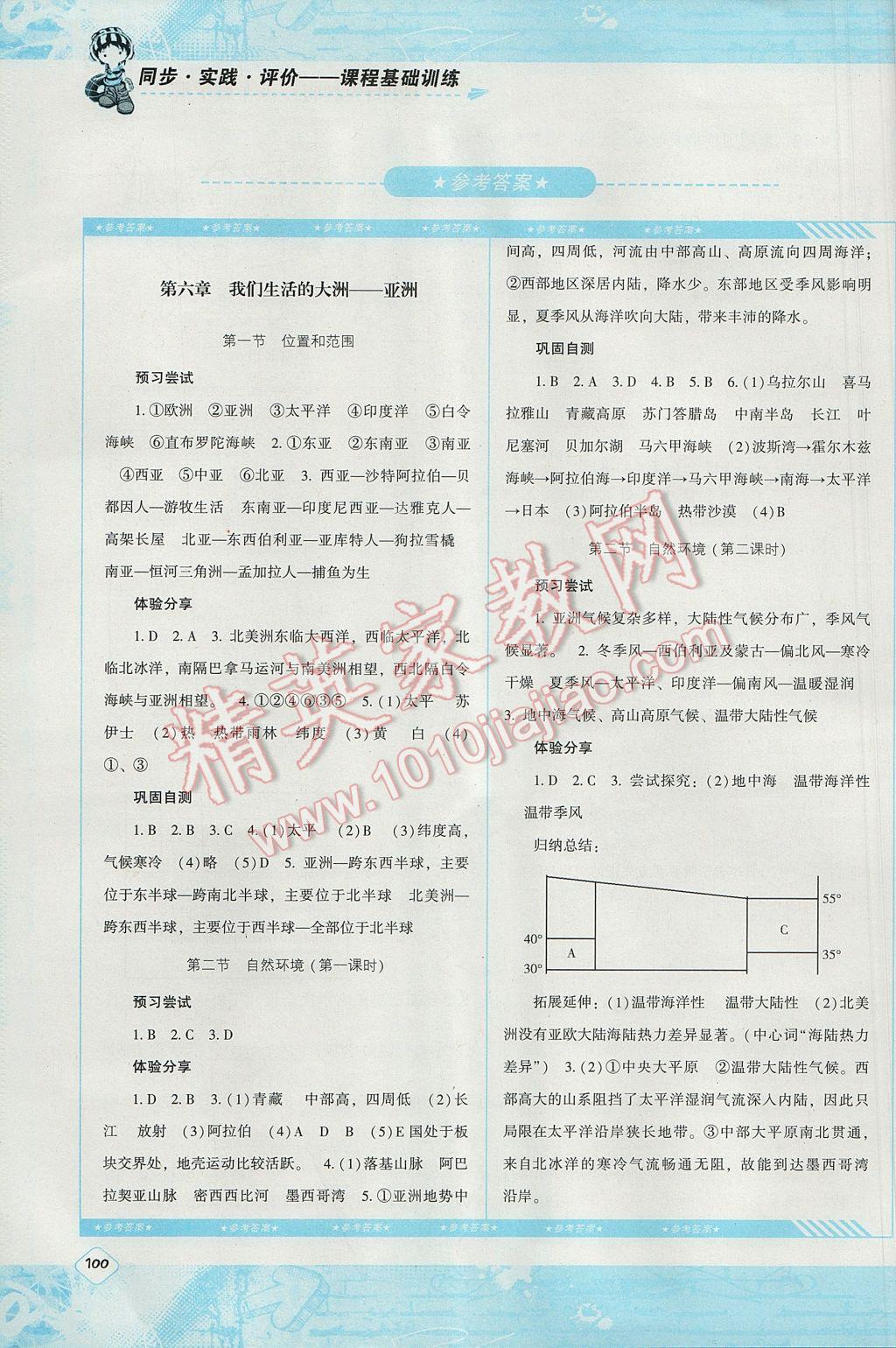 2017年课程基础训练七年级地理下册人教版湖南少年儿童出版社 参考答案第1页