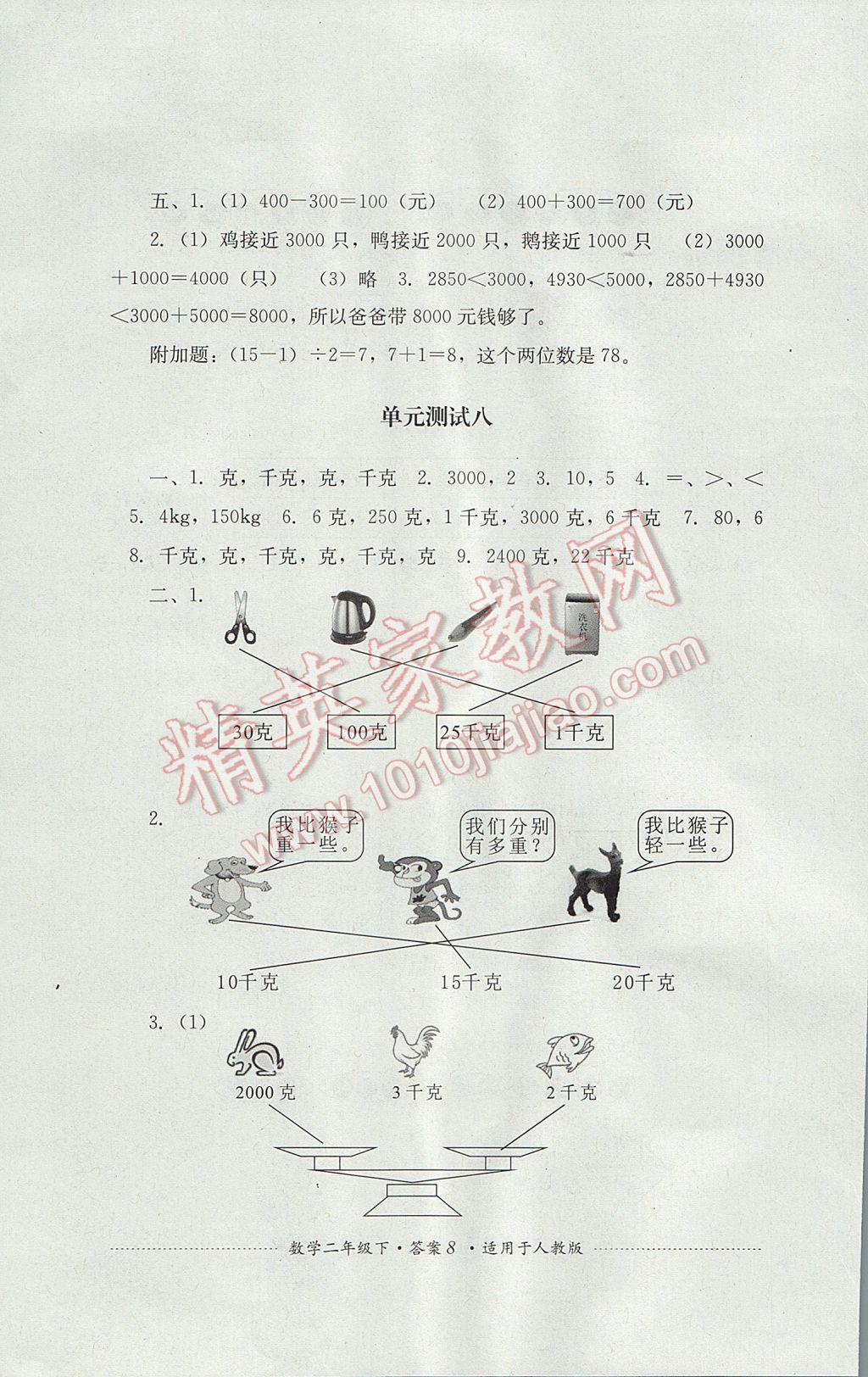 2017年單元測(cè)試二年級(jí)數(shù)學(xué)下冊(cè)人教版四川教育出版社 參考答案第8頁(yè)