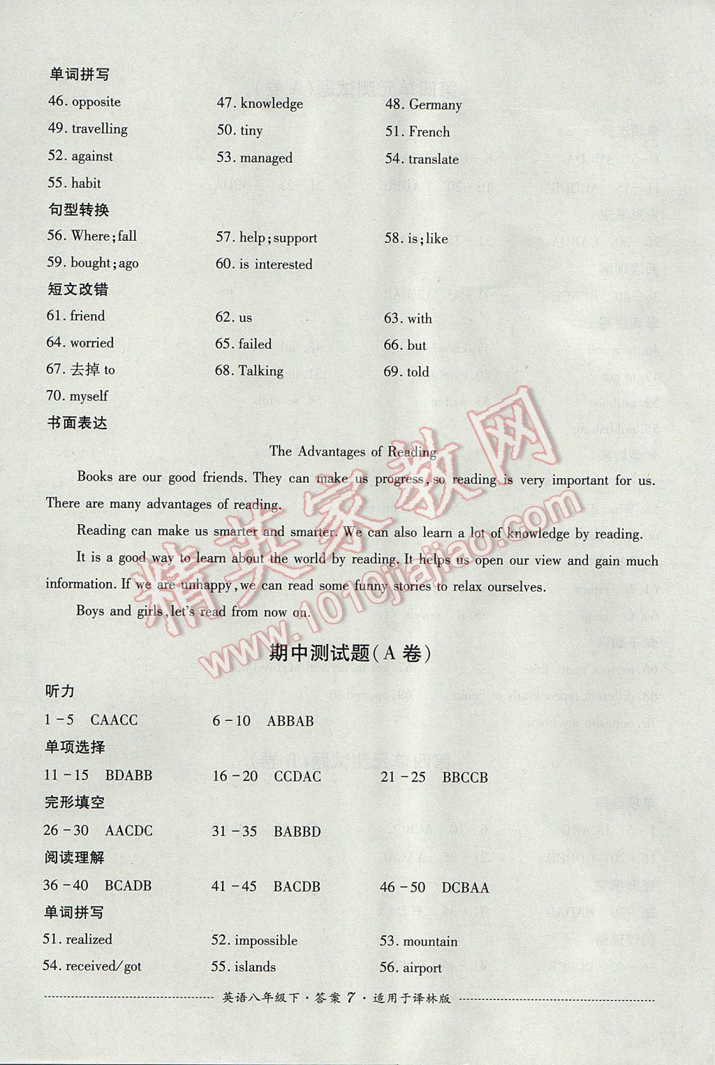 2017年單元測試八年級英語下冊譯林版四川教育出版社 參考答案第7頁