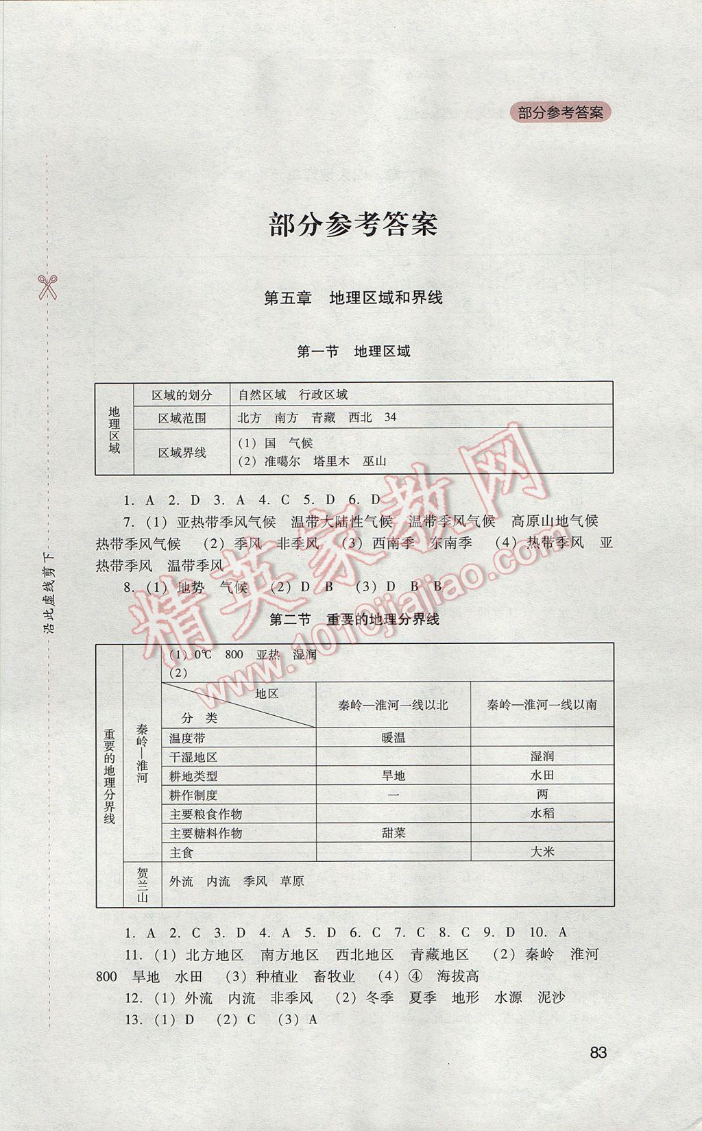 2017年新课程实践与探究丛书八年级地理下册粤人民版 参考答案第1页