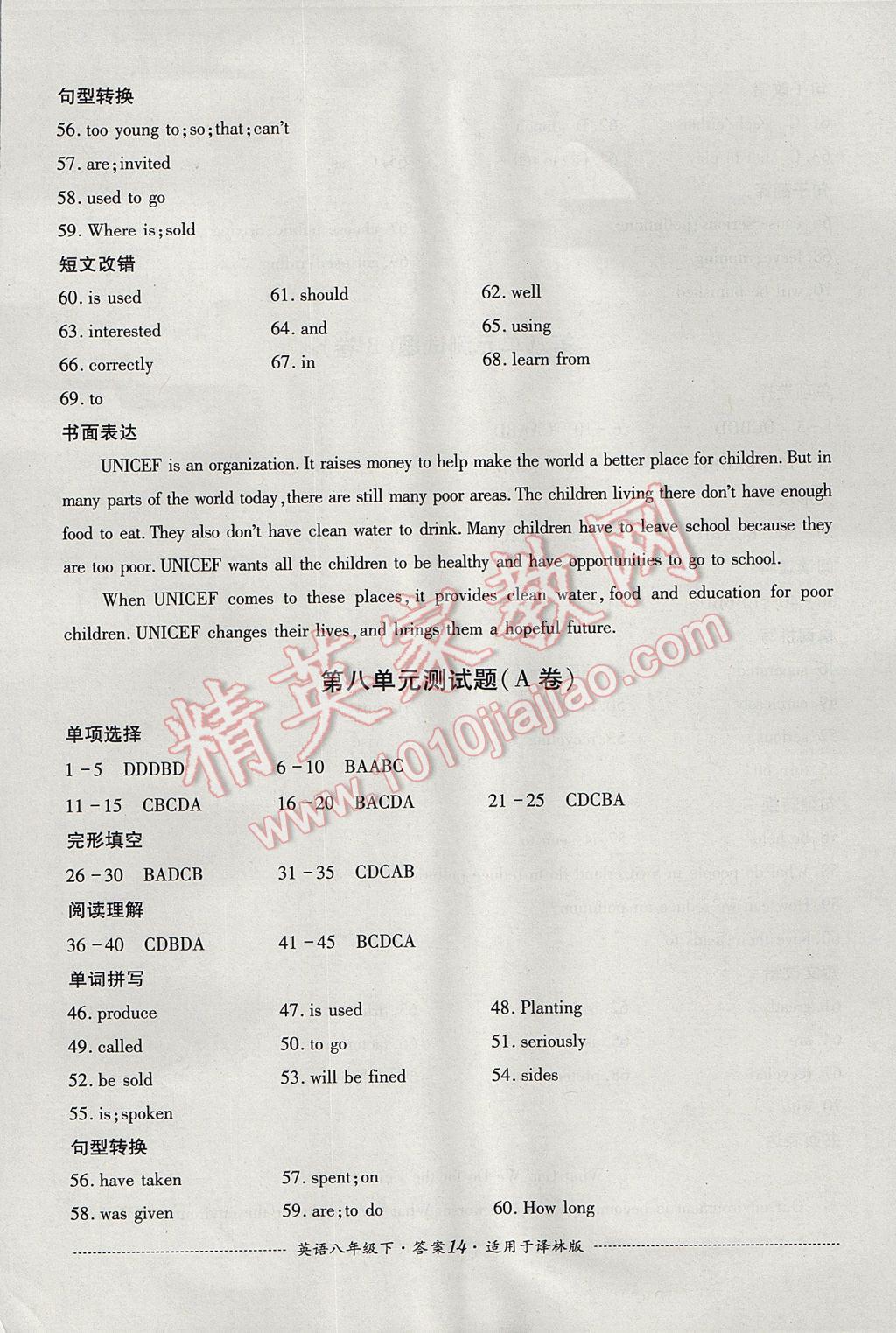 2017年單元測試八年級英語下冊譯林版四川教育出版社 參考答案第14頁