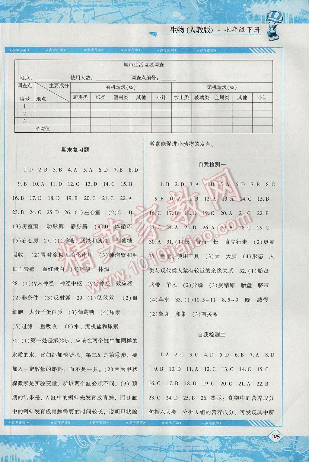 2017年课程基础训练七年级生物下册人教版湖南少年儿童出版社 参考答案第9页