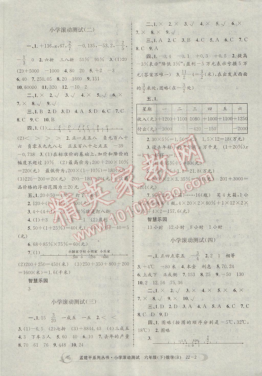 2017年孟建平小學(xué)滾動測試六年級數(shù)學(xué)下冊人教版 參考答案第2頁