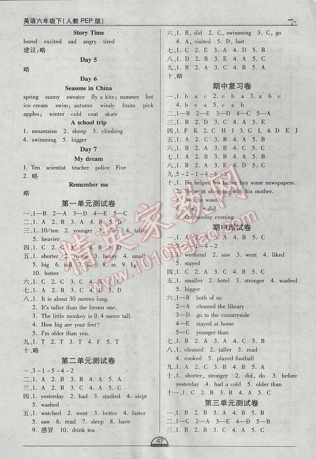 2017年一課一練創(chuàng)新練習(xí)六年級(jí)英語(yǔ)下冊(cè)人教版 參考答案第7頁(yè)