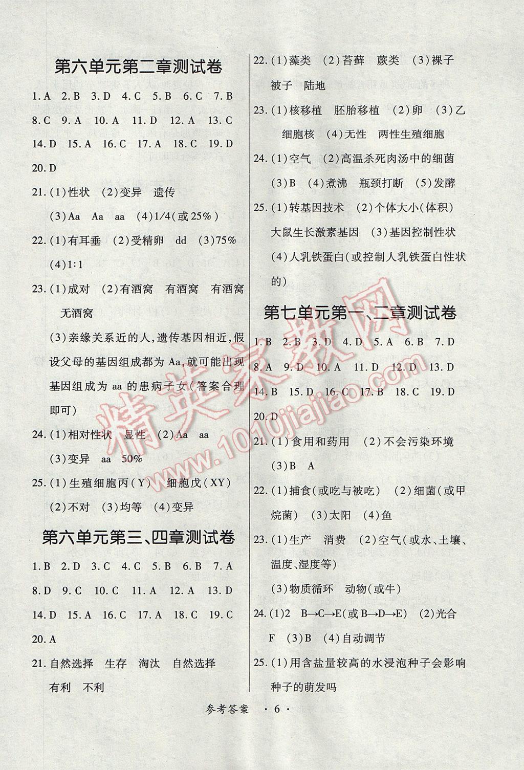 2017年一課一練創(chuàng)新練習(xí)八年級(jí)生物下冊(cè)冀少版 參考答案第6頁