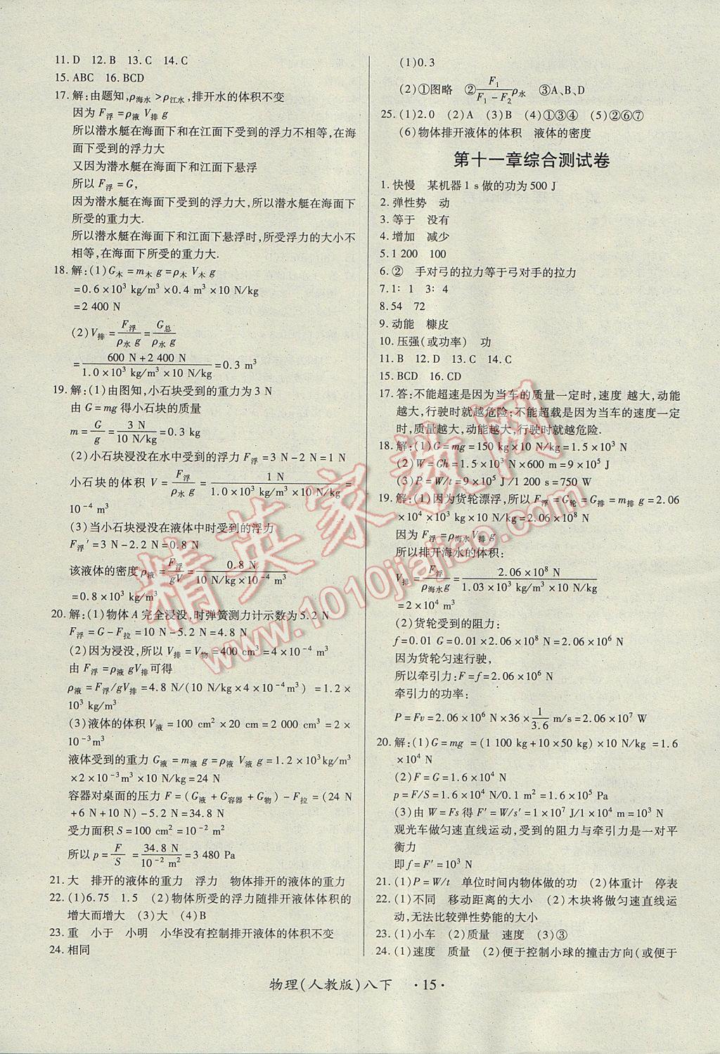 2017年一課一練創(chuàng)新練習(xí)八年級(jí)物理下冊(cè)人教版 參考答案第15頁(yè)