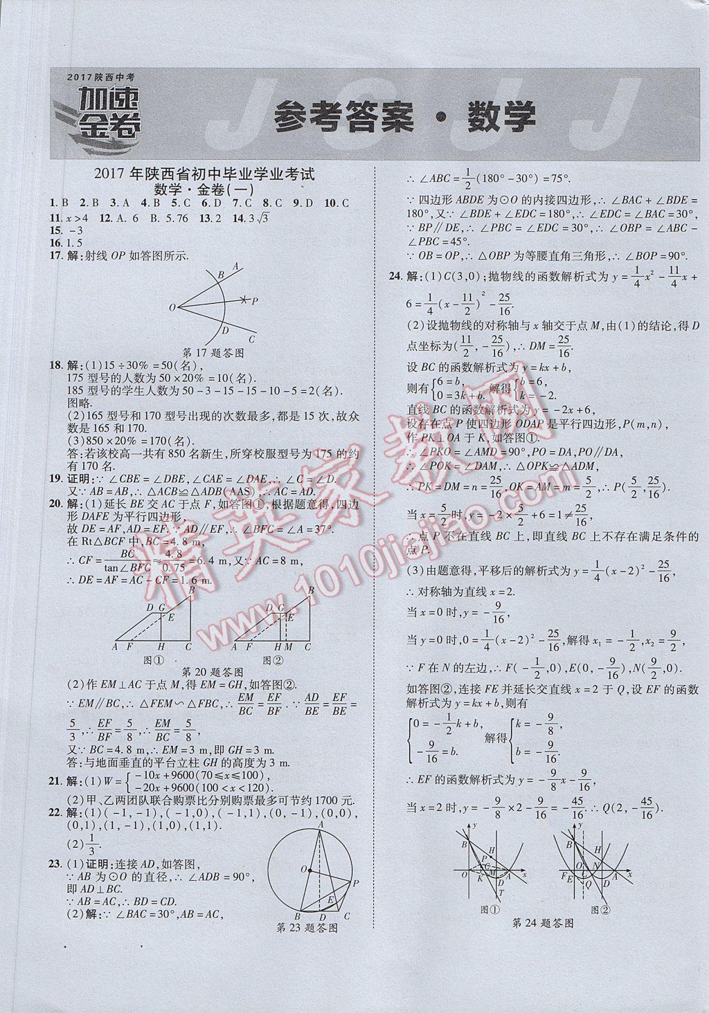 2017年陜西中考加速金卷仿真預(yù)測(cè)8套卷數(shù)學(xué) 參考答案第1頁(yè)