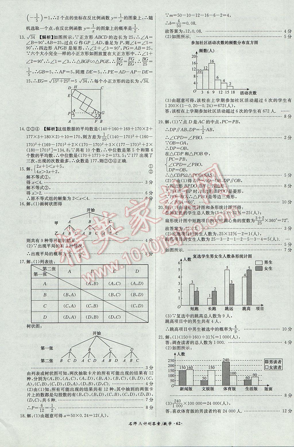 2017年安徽中考總復習名師A計劃數(shù)學 參考答案第62頁