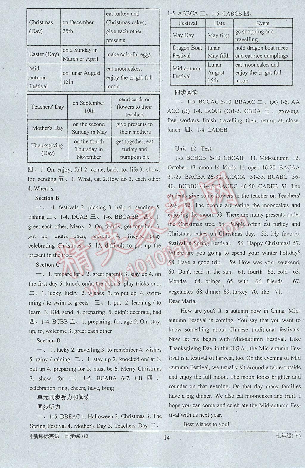 2017年新課標(biāo)英語同步練習(xí)七年級下冊 參考答案第14頁