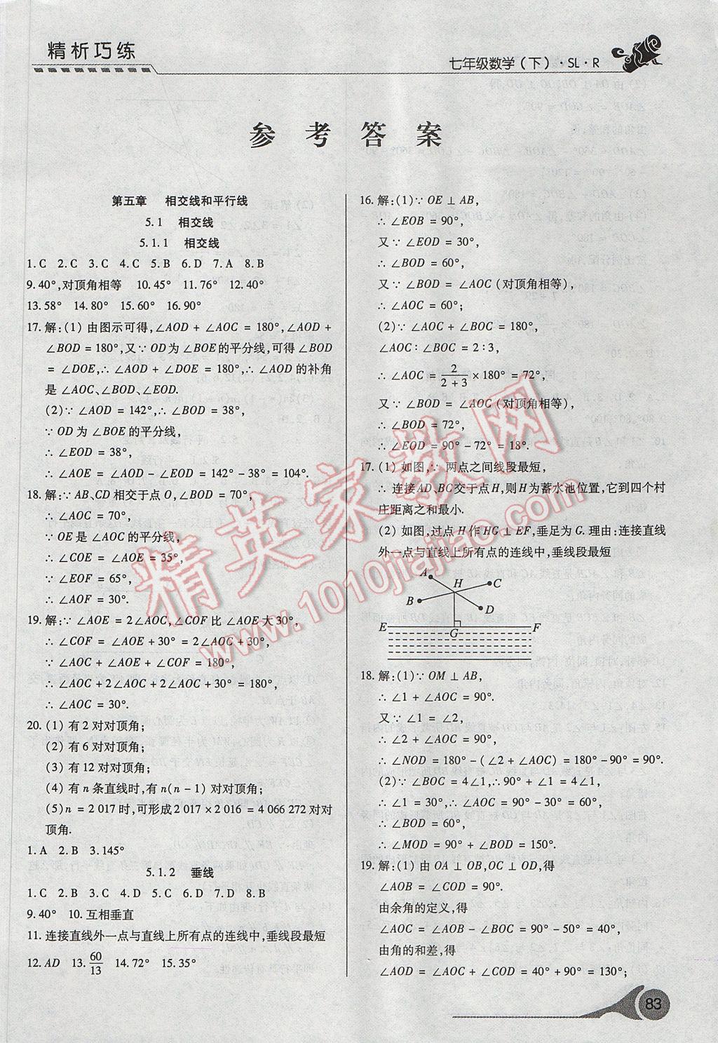 2017年精析巧练阶段性复习与测试七年级数学下册SLR 参考答案第1页