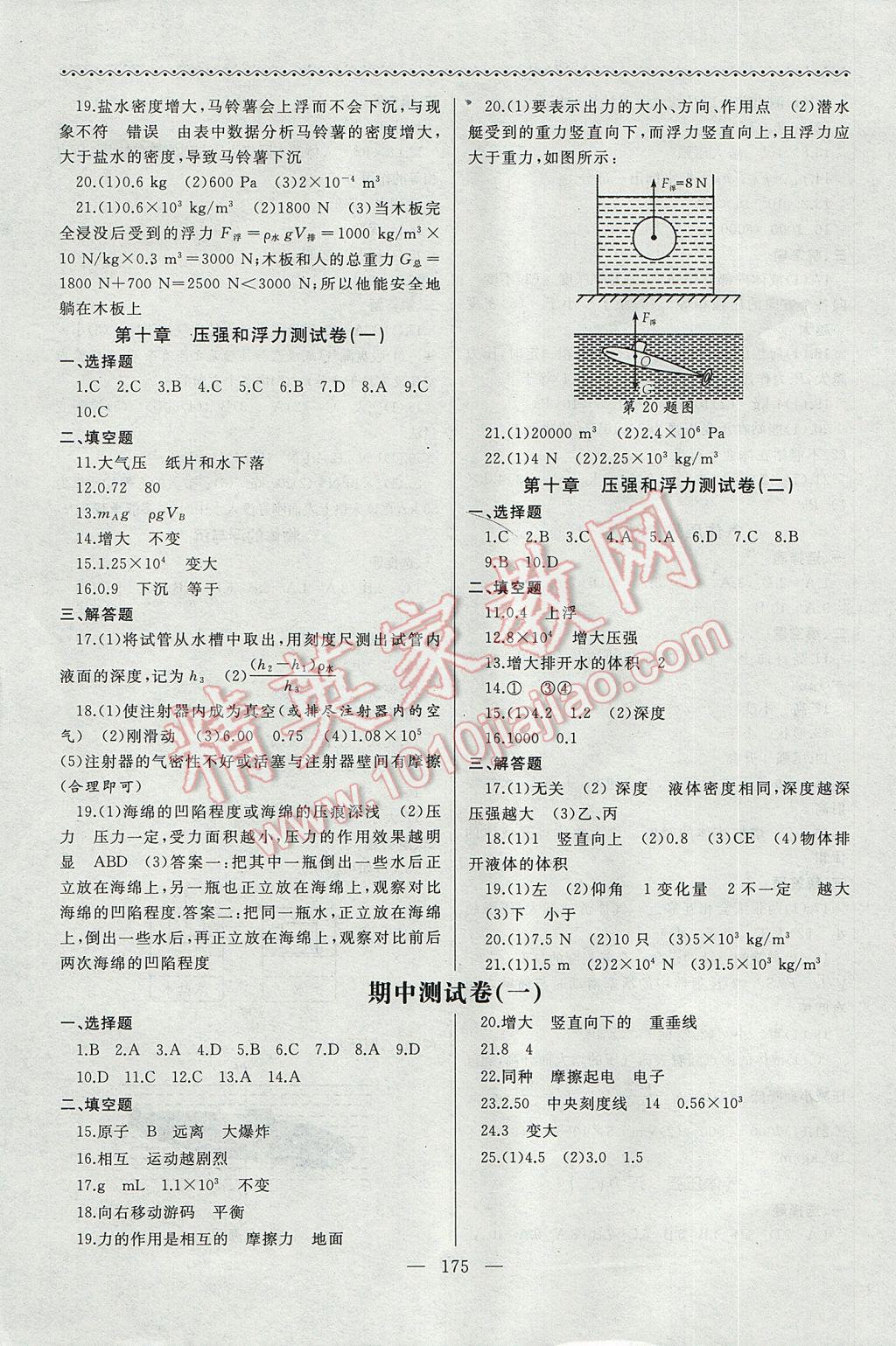 2017年為了燦爛的明天同步輔導與能力訓練階段綜合測試卷集八年級物理下冊蘇科版 參考答案第11頁