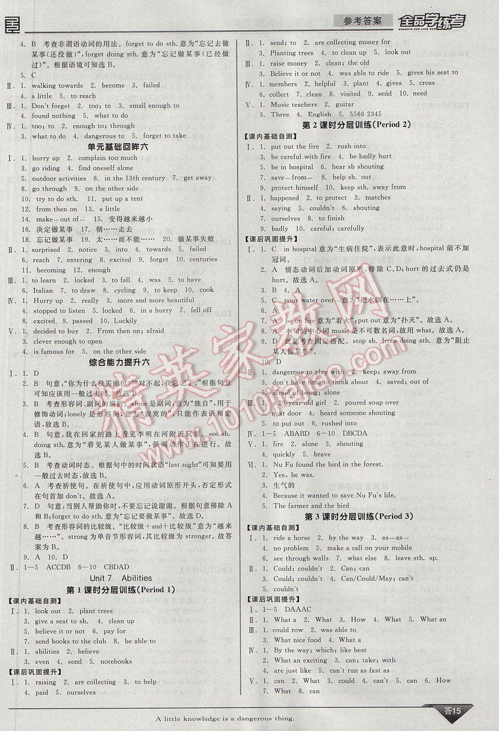 2017年全品学练考七年级英语下册译林牛津版 参考答案第15页