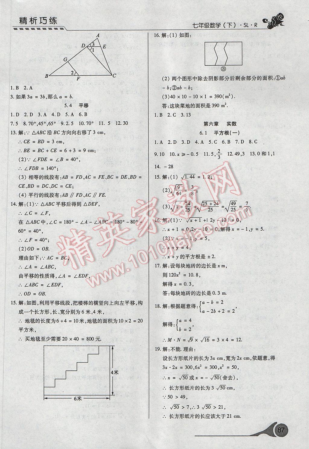 2017年精析巧练阶段性复习与测试七年级数学下册SLR 参考答案第5页