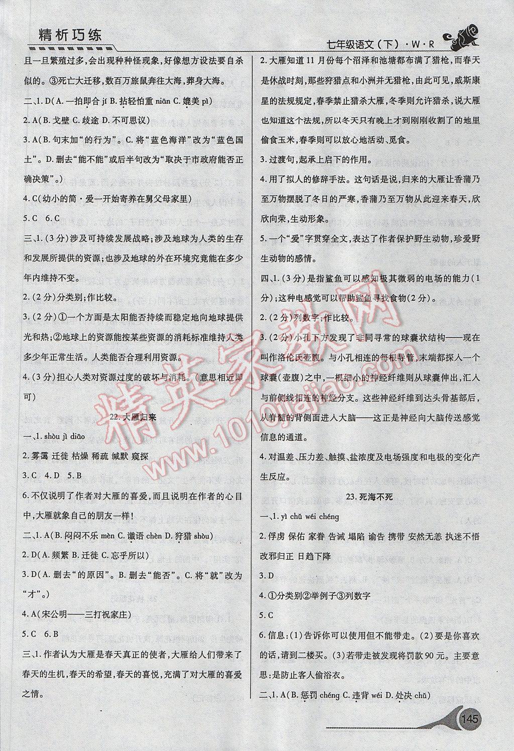 2017年精析巧練階段性復習與測試七年級語文下冊冀教版 參考答案第13頁