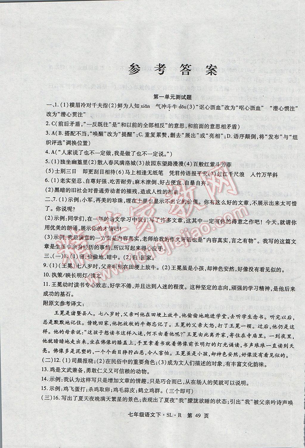 2017年精析巧练阶段性复习与测试七年级语文下册人教版 检测卷答案第17页